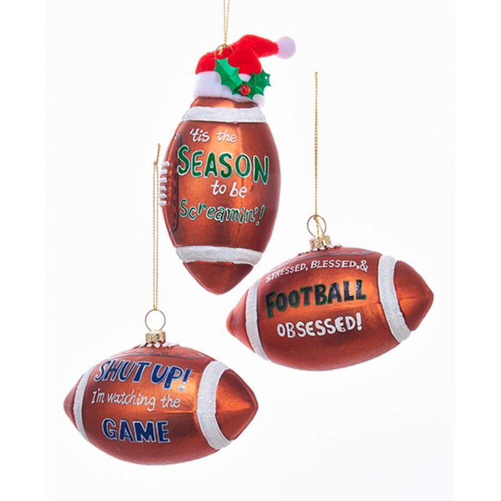 Kurt Adler Football Screaming Obsessed Watching Game Ornaments Set of 3
